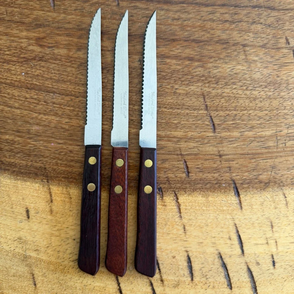 Hanford Forge Steak Knives Set of 3 Serrated Stainless Japan Wood Handle Brass